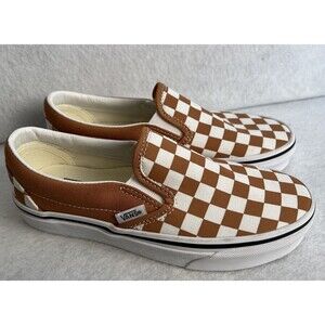 Vans Brown and White Checkered Slip-On Sneakers